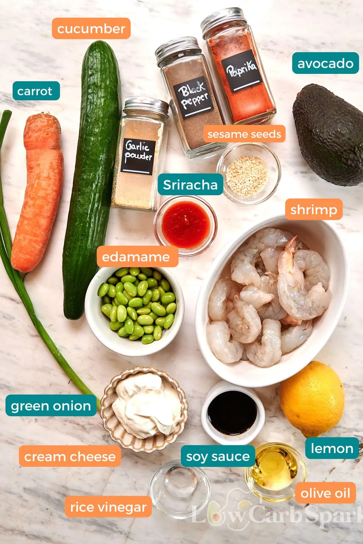 High-Protein Sushi Roll Salad (Spicy Shrimp Jar Salad) 3 Ingredients for sushi roll salad including shrimp, cucumber, carrot, avocado, edamame, and seasonings