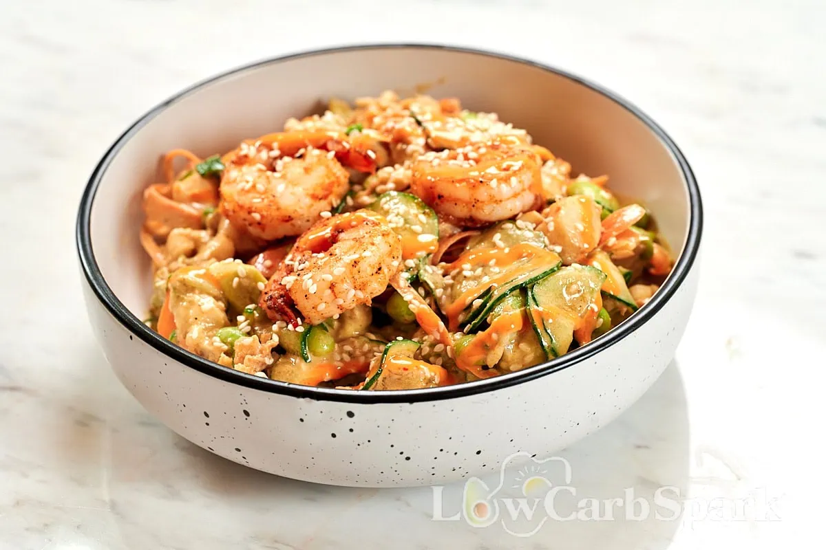 High-Protein Sushi Roll Salad (Spicy Shrimp Jar Salad) 9 Sushi roll salad with shrimp, fresh vegetables, sesame seeds, and spicy mayo in a bowl