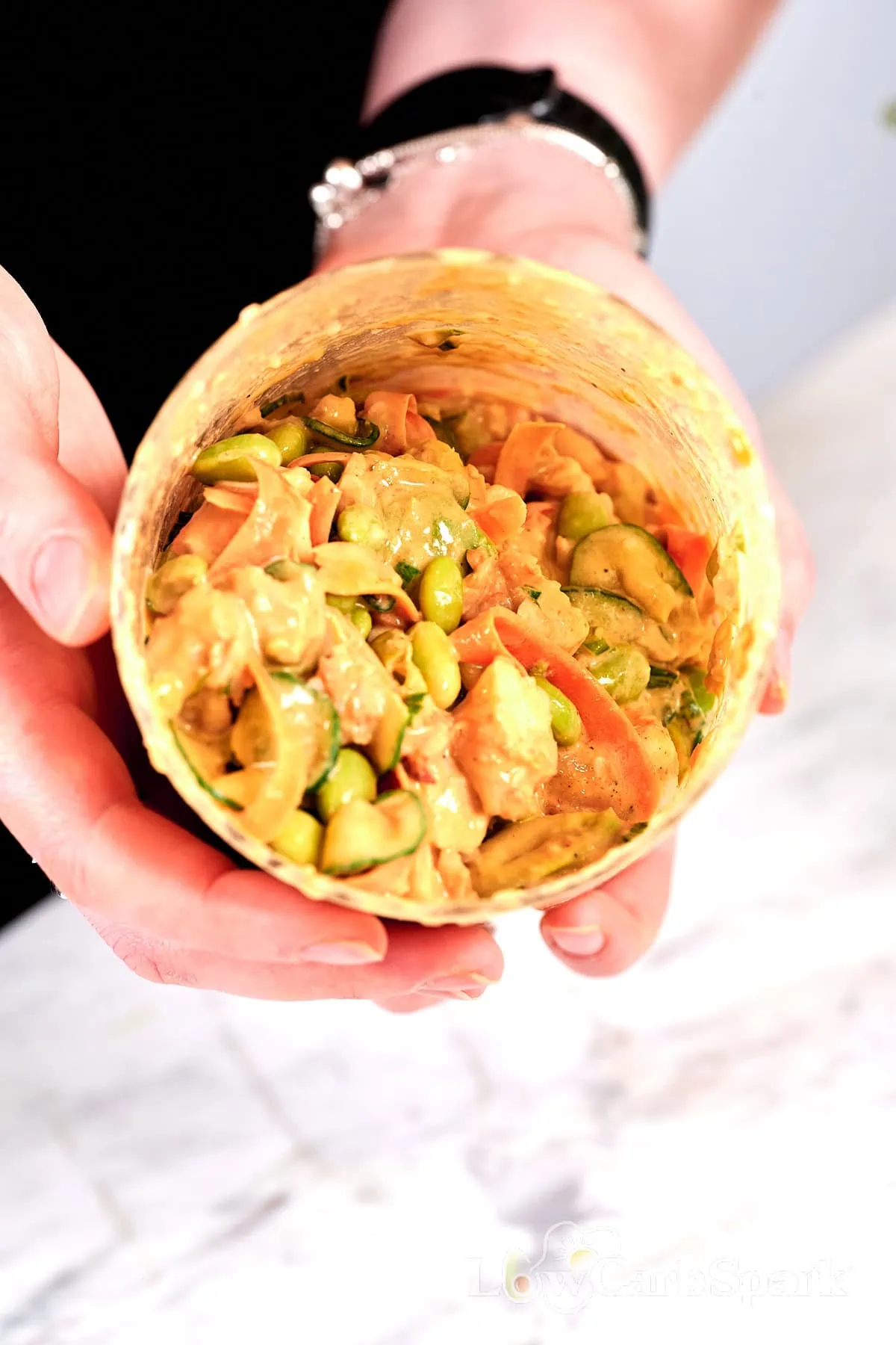 High-Protein Sushi Roll Salad (Spicy Shrimp Jar Salad) 2 Sushi roll salad wrapped in nori sheet filled with shrimp, avocado, cucumber, and creamy dressing