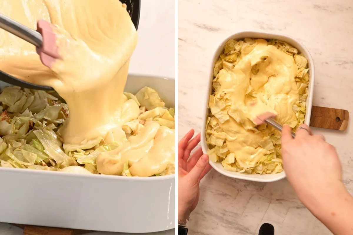 Creamy Cabbage Mac and Cheese 8 Pouring creamy cheese sauce over chopped cabbage and spreading evenly in a baking dish