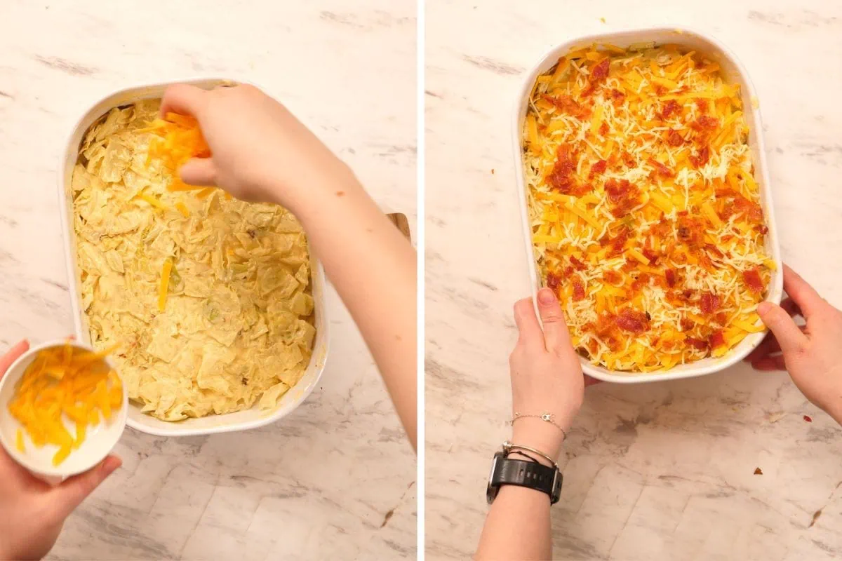 Creamy Cabbage Mac and Cheese 9 Adding shredded cheese and bacon pieces on top of cabbage mac and cheese before baking
