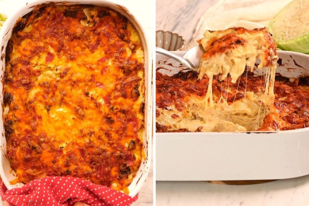 Baked cabbage mac and cheese with golden cheese topping and a cheesy spoonful being lifted
