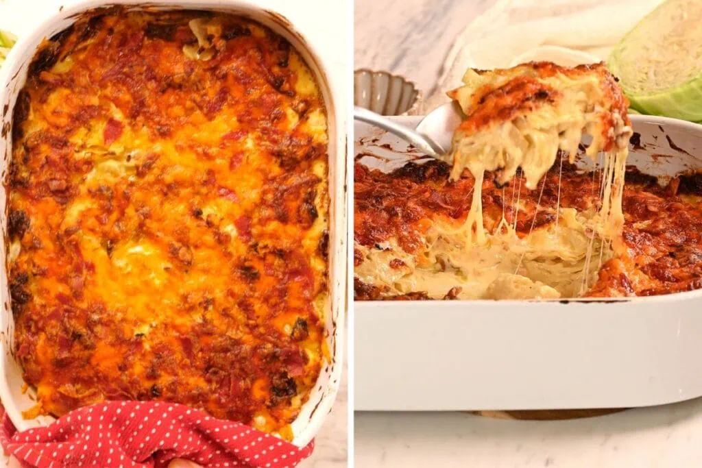 Creamy Cabbage Mac and Cheese 10 Baked cabbage mac and cheese with golden cheese topping and a cheesy spoonful being lifted