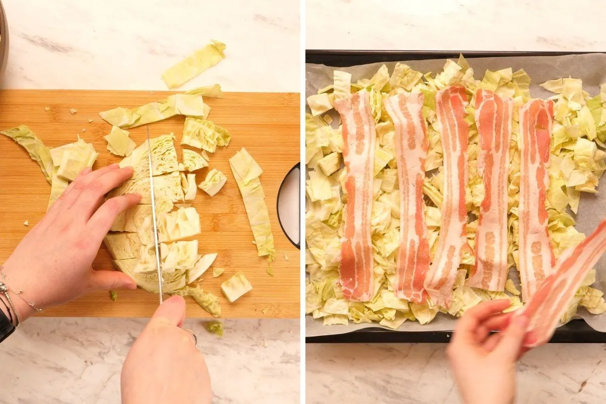 Creamy Cabbage Mac and Cheese 4 Chopping cabbage on a cutting board and layering bacon strips on top before baking