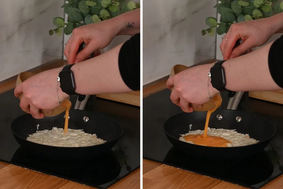 Crispy Halloumi Egg Wrap (High Protein, Low Carb) 5 Pouring beaten eggs over grated halloumi in skillet
