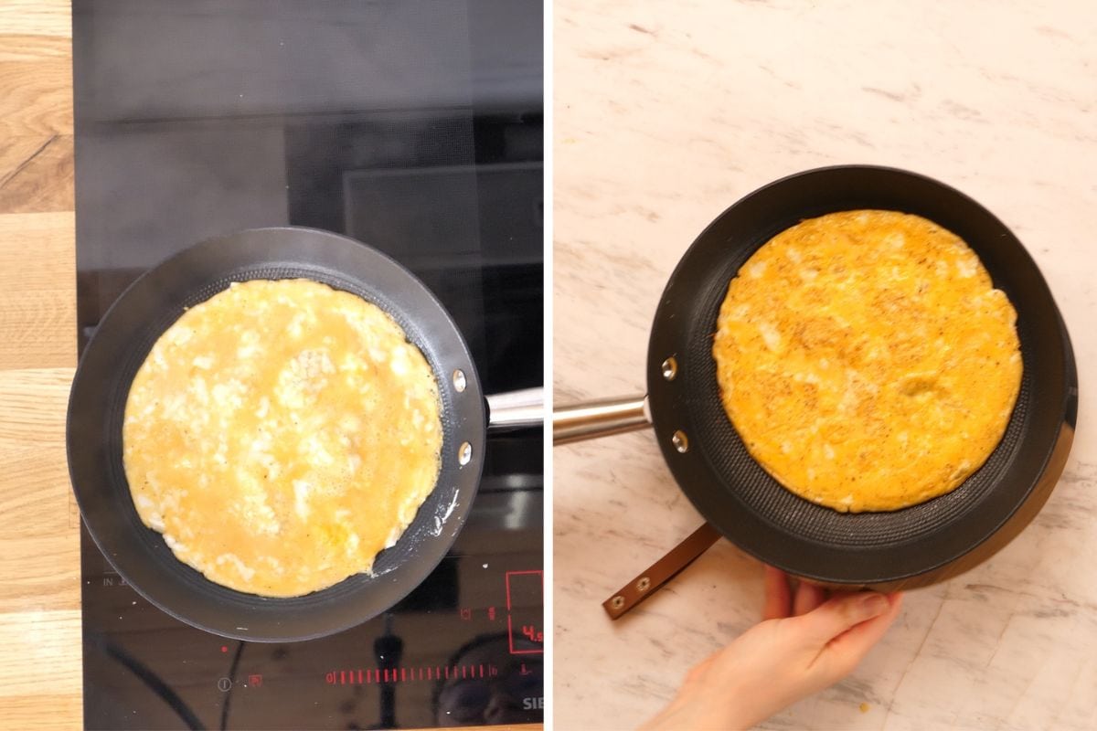 Cooking egg and halloumi mixture into a crispy wrap base
Golden crispy halloumi egg wrap cooking in pan