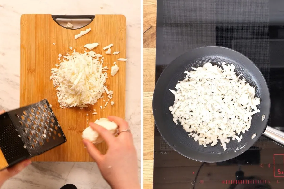 Crispy Halloumi Egg Wrap (High Protein, Low Carb) 3 Cooking grated halloumi in pan to create crispy base for egg wrap