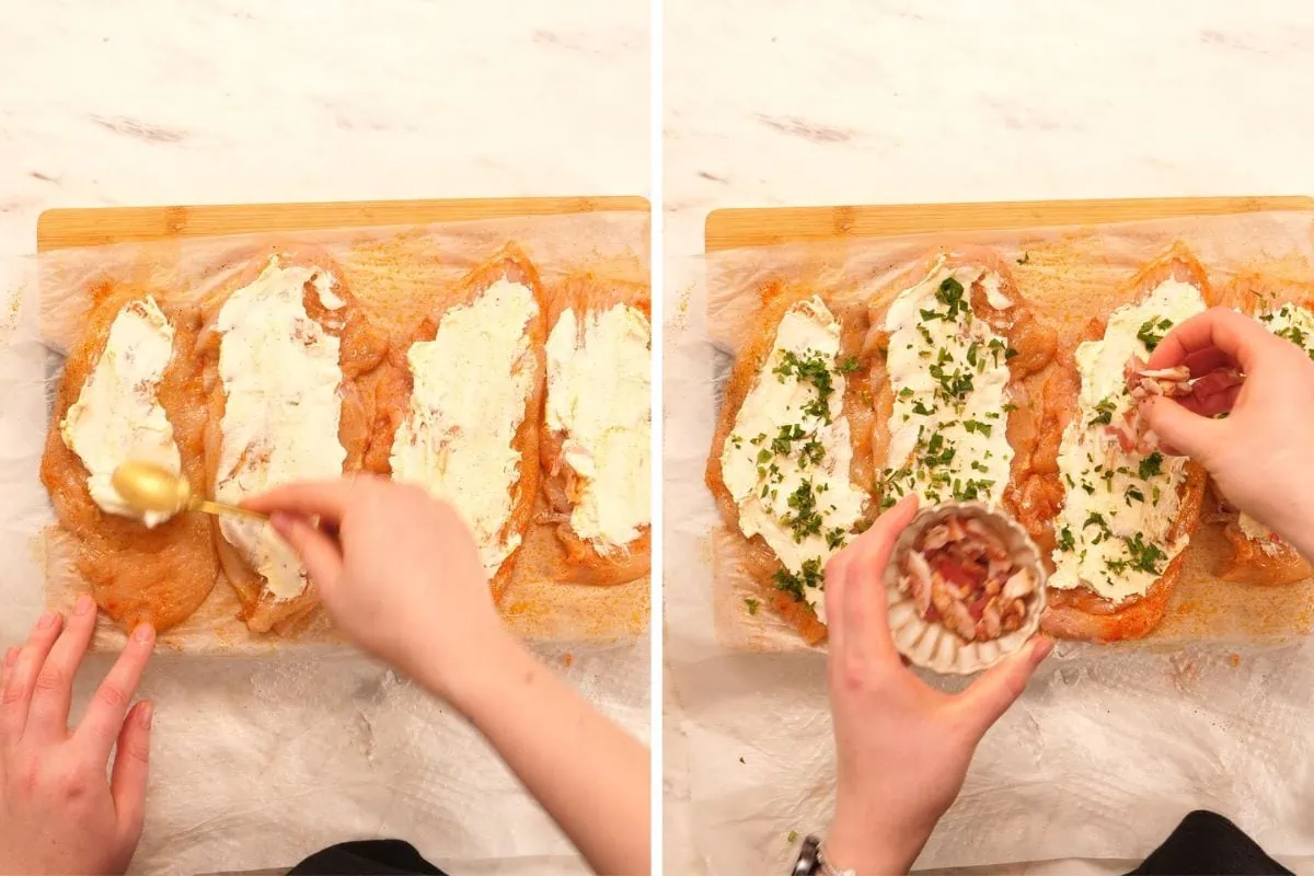 Famous Chicken Breast Rolls 6 Spreading cream cheese mixture over seasoned chicken for stuffed chicken breast rolls
Adding herbs and bacon to cream cheese filling for chicken breast rolls