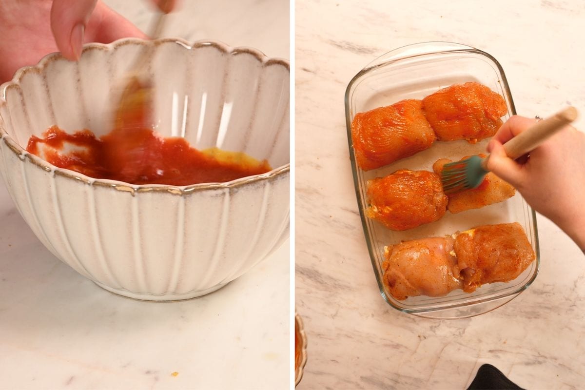 Famous Chicken Breast Rolls 8 Mixing tomato or sauce for baked chicken breast rolls recipe
Brushing seasoned sauce over rolled chicken breasts in baking dish