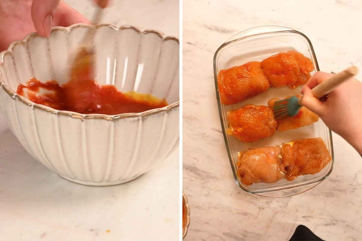 Famous Chicken Breast Rolls 8 Mixing tomato or sauce for baked chicken breast rolls recipe
Brushing seasoned sauce over rolled chicken breasts in baking dish