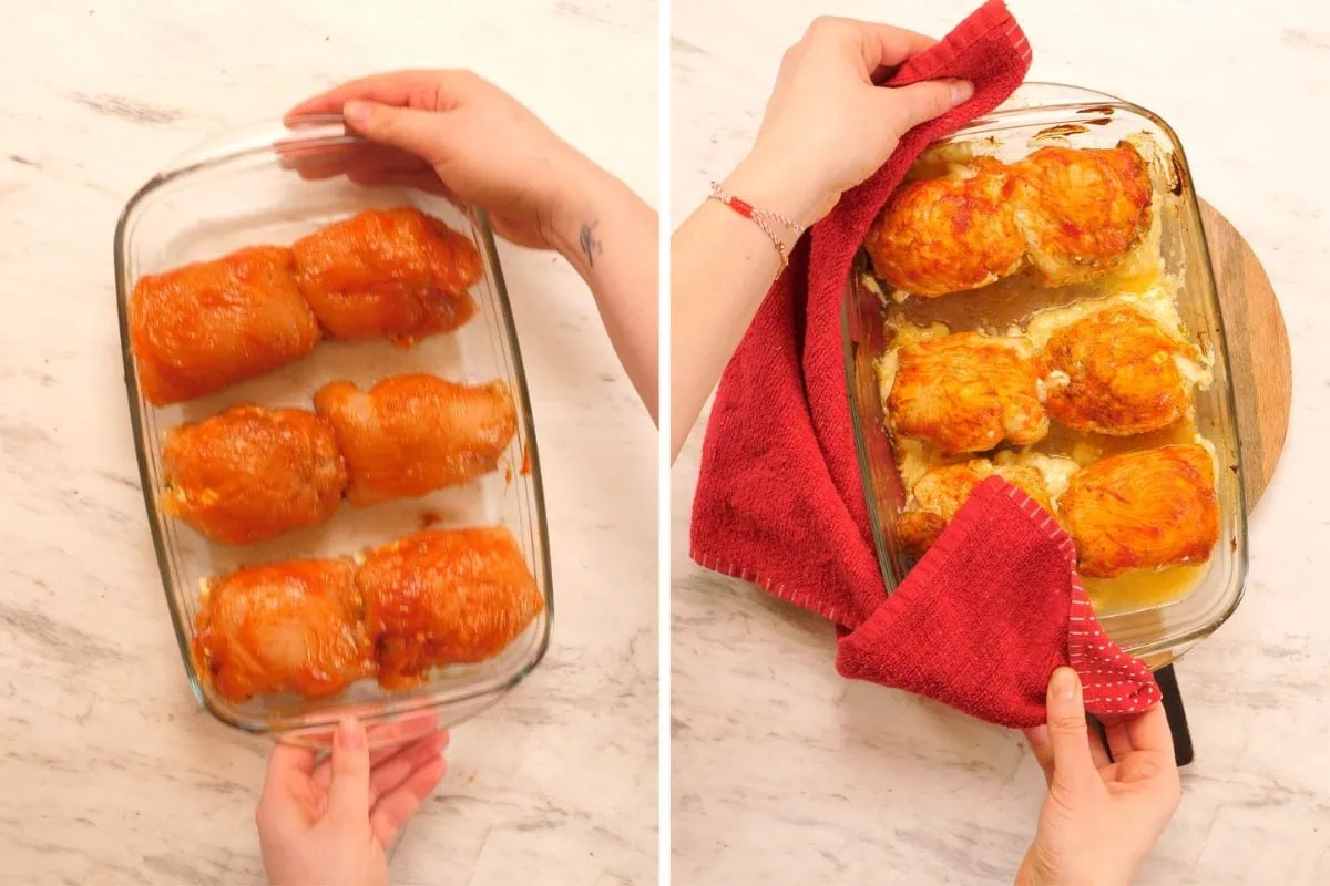Famous Chicken Breast Rolls 9 Preparing stuffed chicken breast rolls in baking dish before baking
Baked chicken breast rolls fresh from oven with melted cheese topping