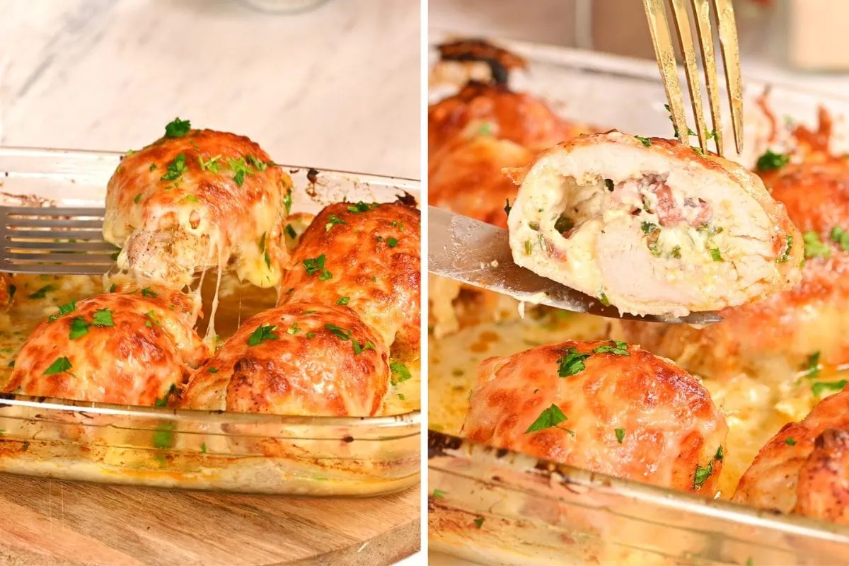 Famous Chicken Breast Rolls 12 Sliced chicken breast roll showing creamy cheese and bacon filling