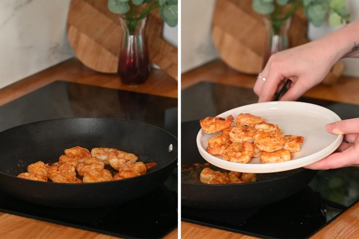 High-Protein Sushi Roll Salad (Spicy Shrimp Jar Salad) 5 Cooking seasoned shrimp in a pan for low carb sushi roll salad recipe
Removing cooked shrimp from pan for healthy sushi roll salad bowl