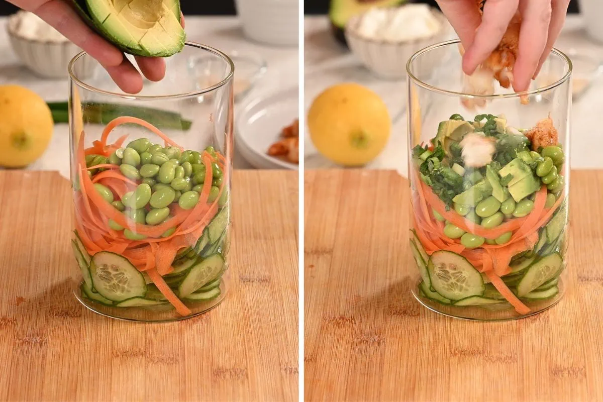 High-Protein Sushi Roll Salad (Spicy Shrimp Jar Salad) 6 Adding avocado to layered cucumber, carrot, and edamame for low carb sushi roll salad