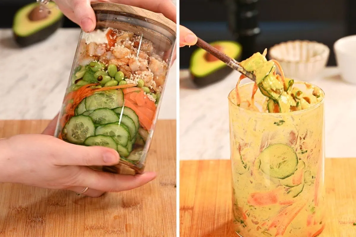 High-Protein Sushi Roll Salad (Spicy Shrimp Jar Salad) 8 Shaking jar to mix low carb sushi roll salad ingredients evenly
Mixing sushi roll salad with creamy dressing for easy low carb lunch