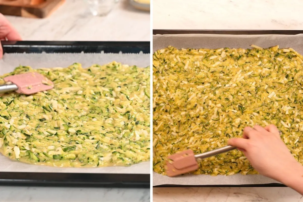 Zucchini Ham and Cheese Roll 7 Spreading zucchini batter evenly on a baking tray to make zucchini ham and cheese roll crust