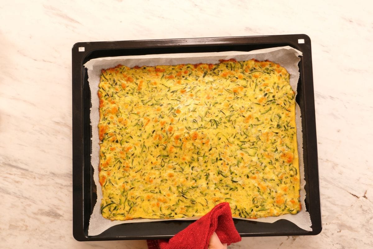 Zucchini Ham and Cheese Roll 8 Baked zucchini base fresh out of the oven for zucchini ham and cheese roll recipe