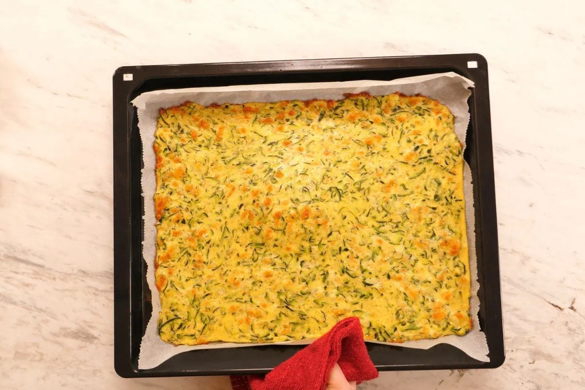 Zucchini Ham and Cheese Roll 8 Baked zucchini base fresh out of the oven for zucchini ham and cheese roll recipe