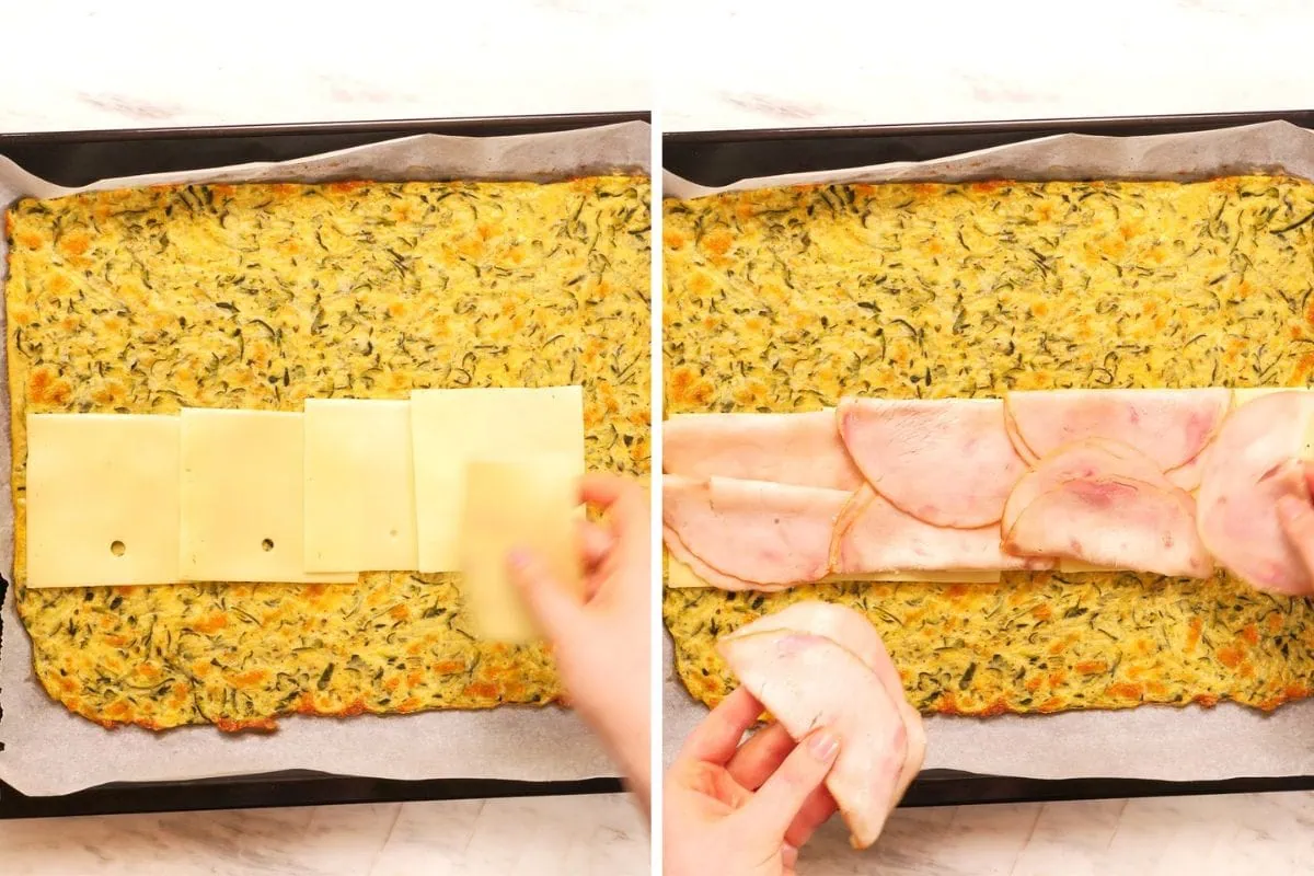Zucchini Ham and Cheese Roll 9 Layering cheese and ham slices over baked zucchini crust for zucchini ham and cheese roll
