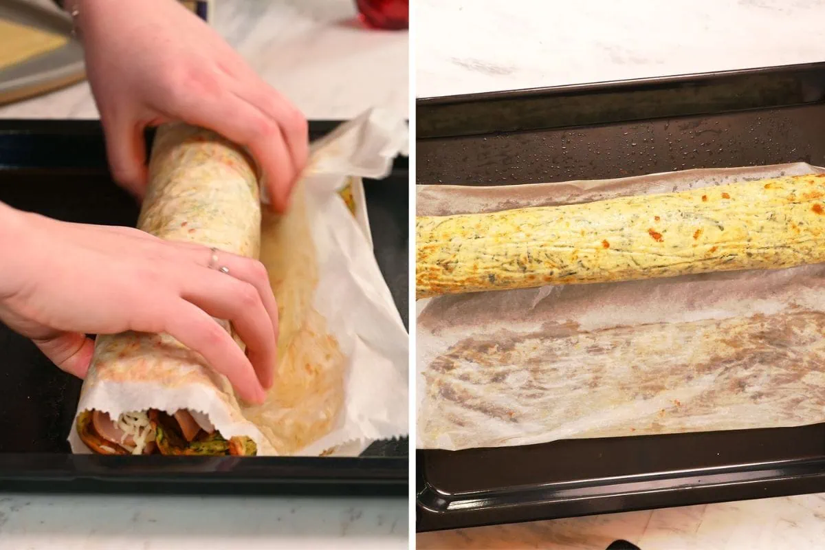Zucchini Ham and Cheese Roll 10 Rolling zucchini crust with ham and cheese into a tight roll for low carb recipe