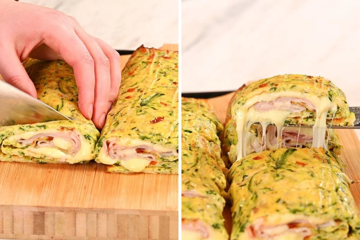 Zucchini Ham and Cheese Roll 12 Slicing zucchini ham and cheese roll with melted cheese filling inside
Close up of cheesy zucchini ham and cheese roll slices with gooey melted center