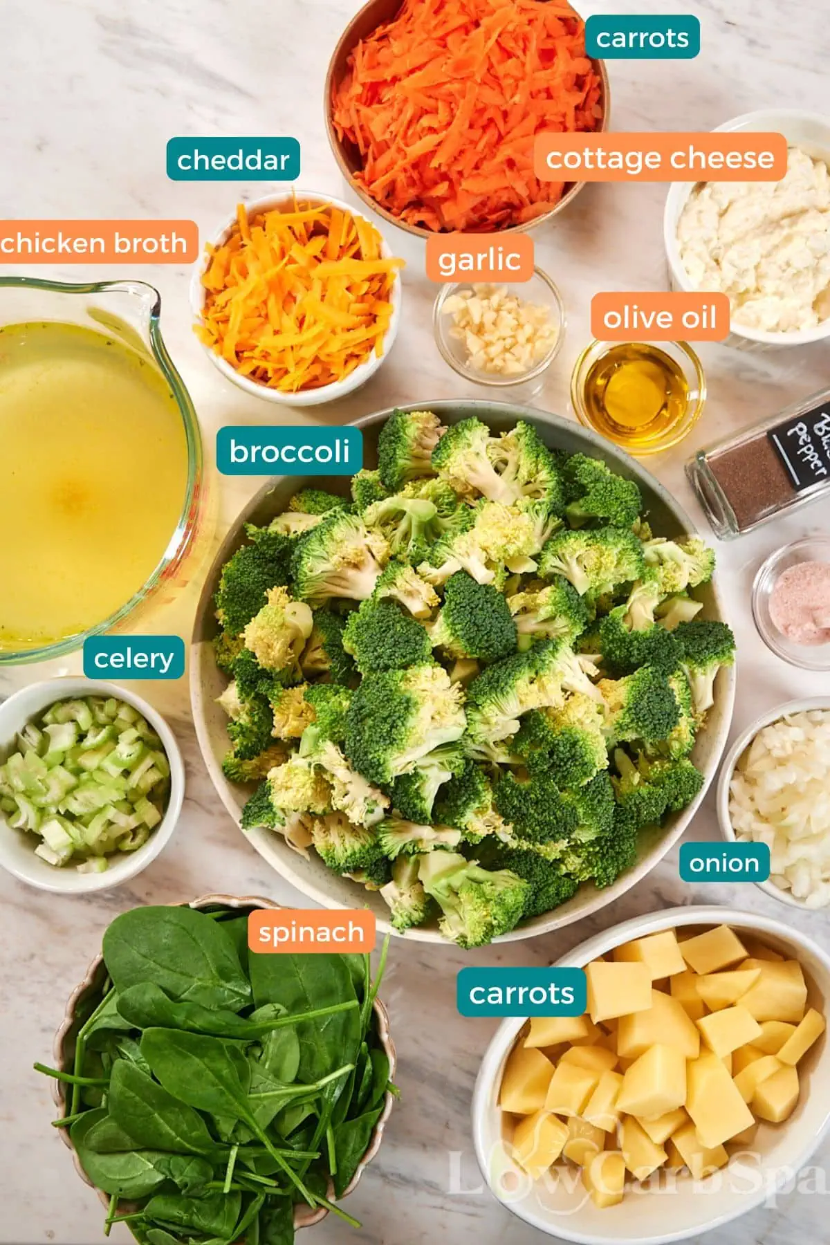 High-Protein Broccoli Soup (Creamy & Easy) 3 Flat lay of ingredients for high-protein broccoli soup, including broccoli, carrots, spinach, cheddar cheese, cottage cheese, chicken broth, celery, onion, garlic, olive oil, and potatoes.