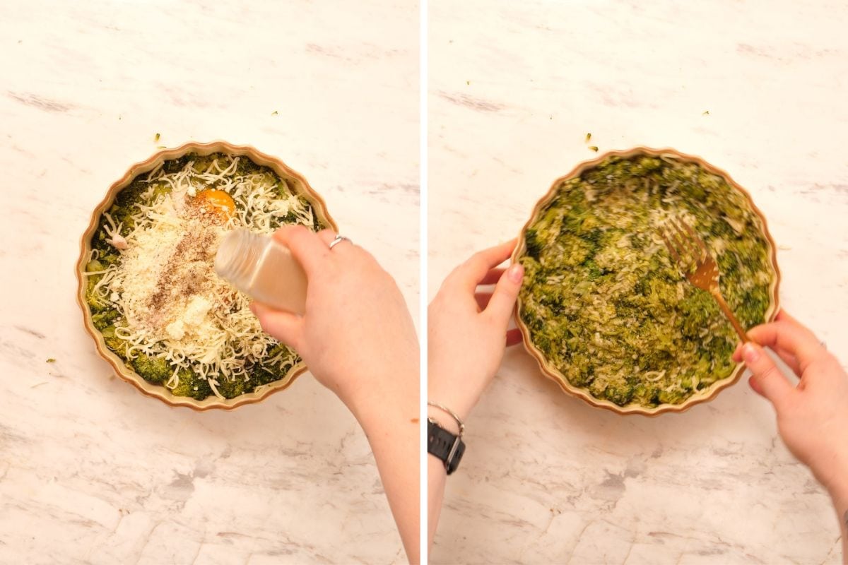 Cheesy Broccoli Crust Quiche 4 Mixing eggs, cheese, and seasonings into the broccoli crust mixture for the quiche base.