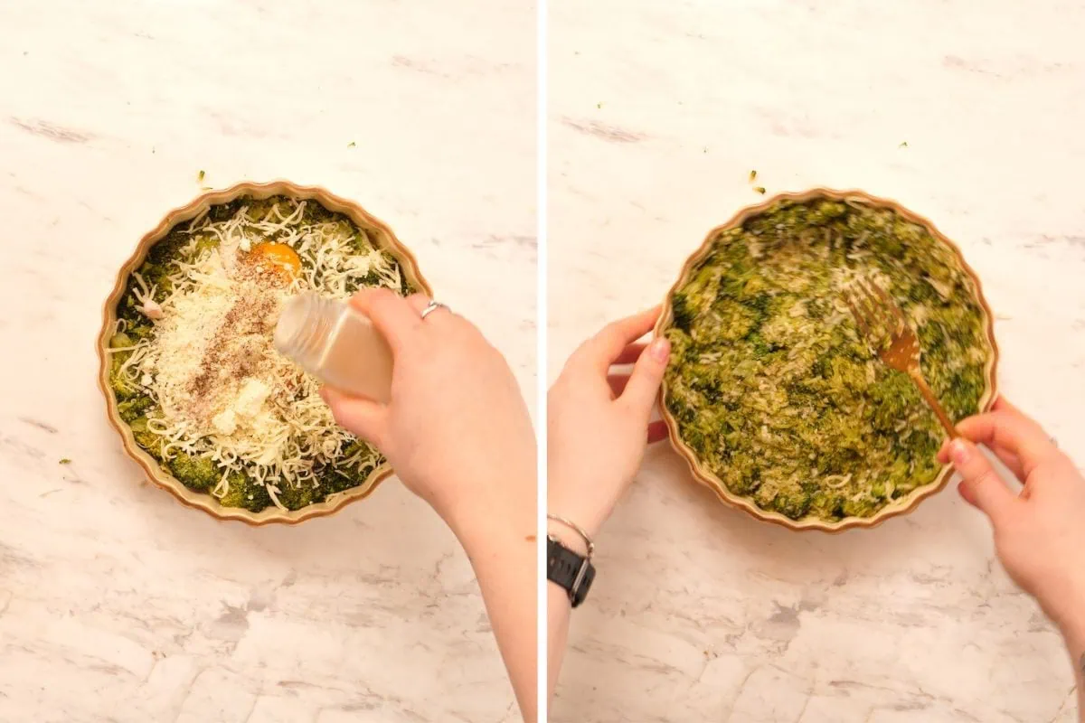 Cheesy Broccoli Crust Quiche 4 Mixing eggs, cheese, and seasonings into the broccoli crust mixture for the quiche base.
