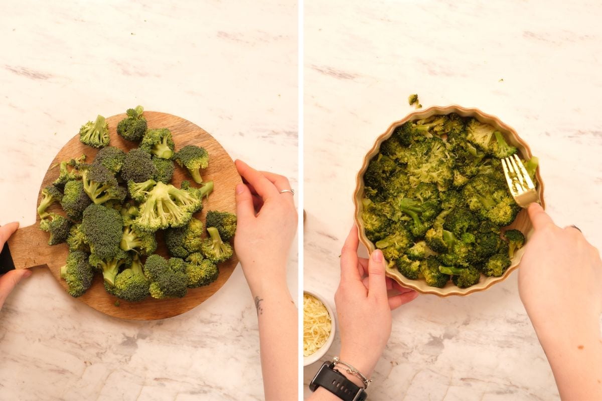 Cheesy Broccoli Crust Quiche 3 Pressing softened broccoli into a tart pan to form the quiche crust.