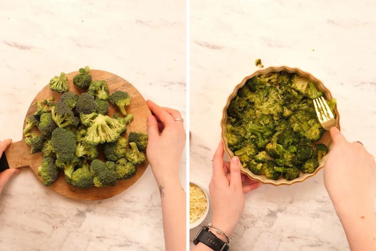 Cheesy Broccoli Crust Quiche 3 Pressing softened broccoli into a tart pan to form the quiche crust.
