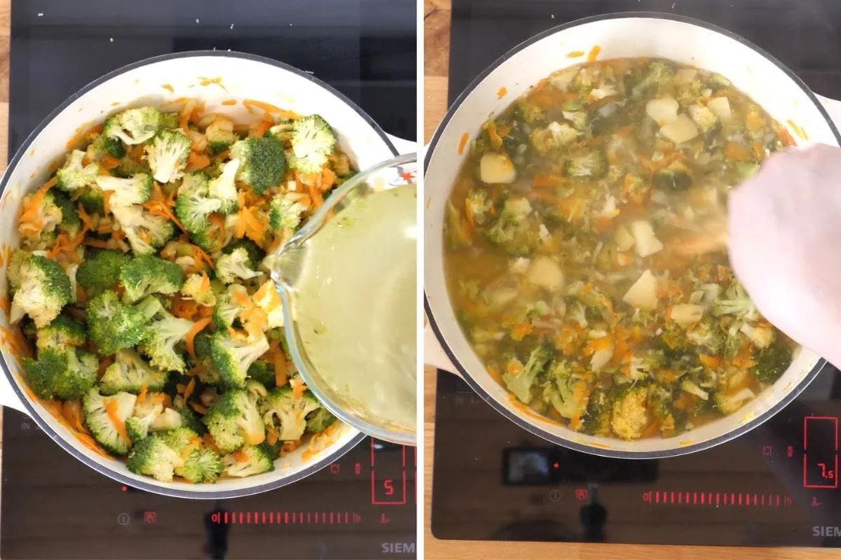 High-Protein Broccoli Soup (Creamy & Easy) 6 Pouring broth into the pot with broccoli, carrots, and onions to simmer the high-protein broccoli soup.
