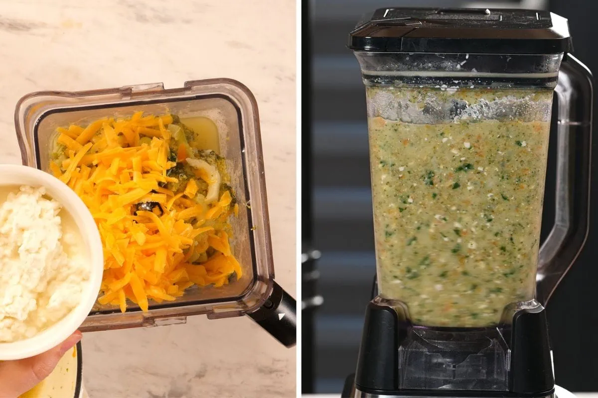 High-Protein Broccoli Soup (Creamy & Easy) 8 Adding shredded cheddar cheese and cottage cheese to the blender with cooked broccoli soup ingredients.