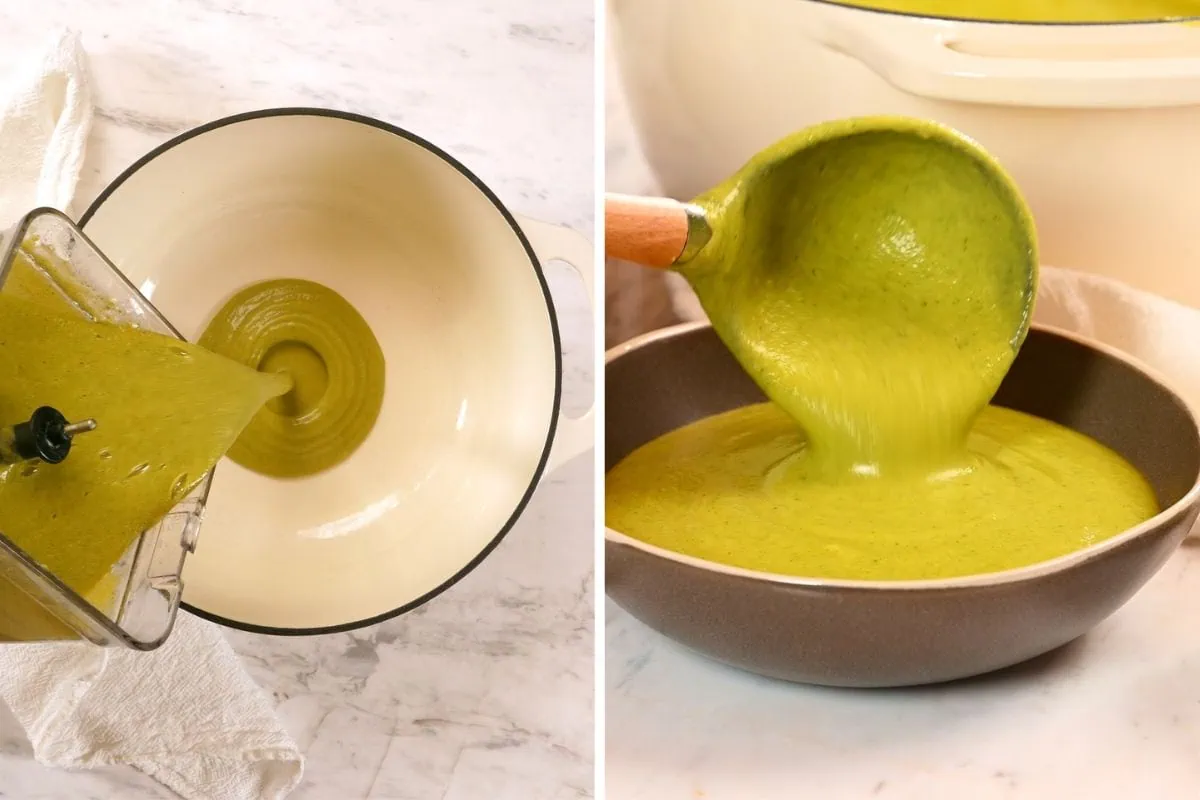 High-Protein Broccoli Soup (Creamy & Easy) 10 Pouring smooth broccoli soup from the blender into a serving bowl.