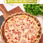 Cheesy broccoli crust quiche made with ham, egg whites, mozzarella, parmesan, and bell pepper, sliced and ready for meal prep.