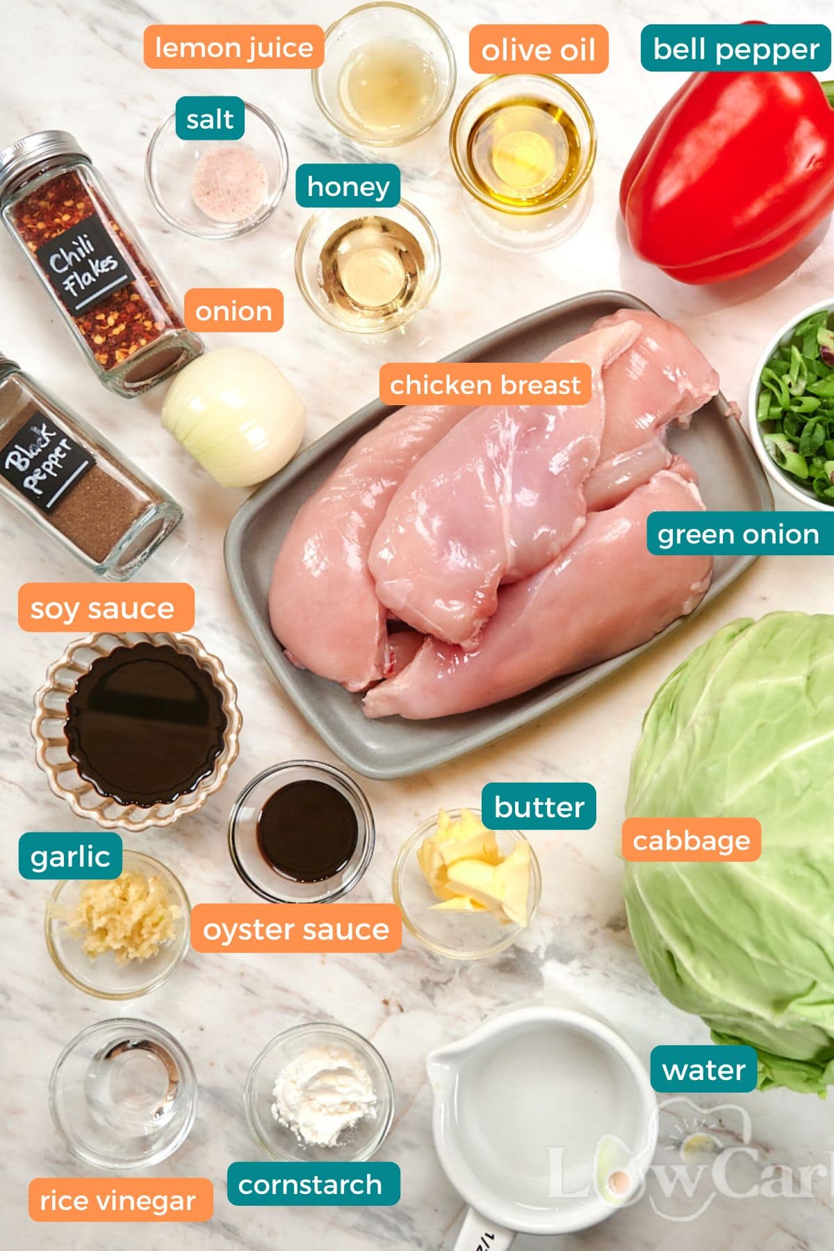 Chicken and Cabbage Stir Fry 3 Ingredients for high-protein chicken and cabbage stir fry including chicken breast, cabbage, red bell pepper, onion, green onions, soy sauce, garlic, and seasonings.