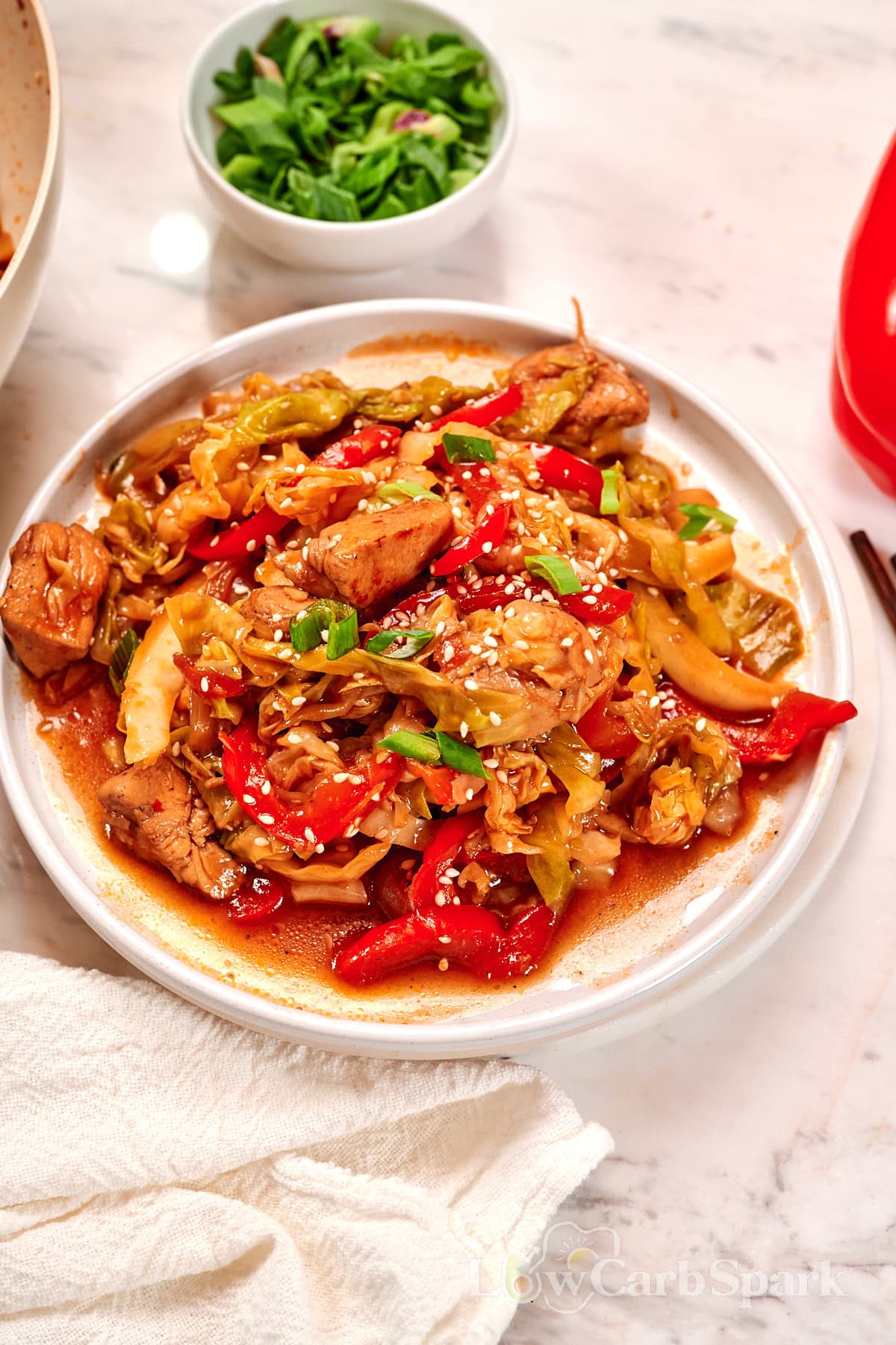 Chicken and Cabbage Stir Fry 13 High-protein chicken and cabbage stir fry served on a plate with sesame seeds and green onions.