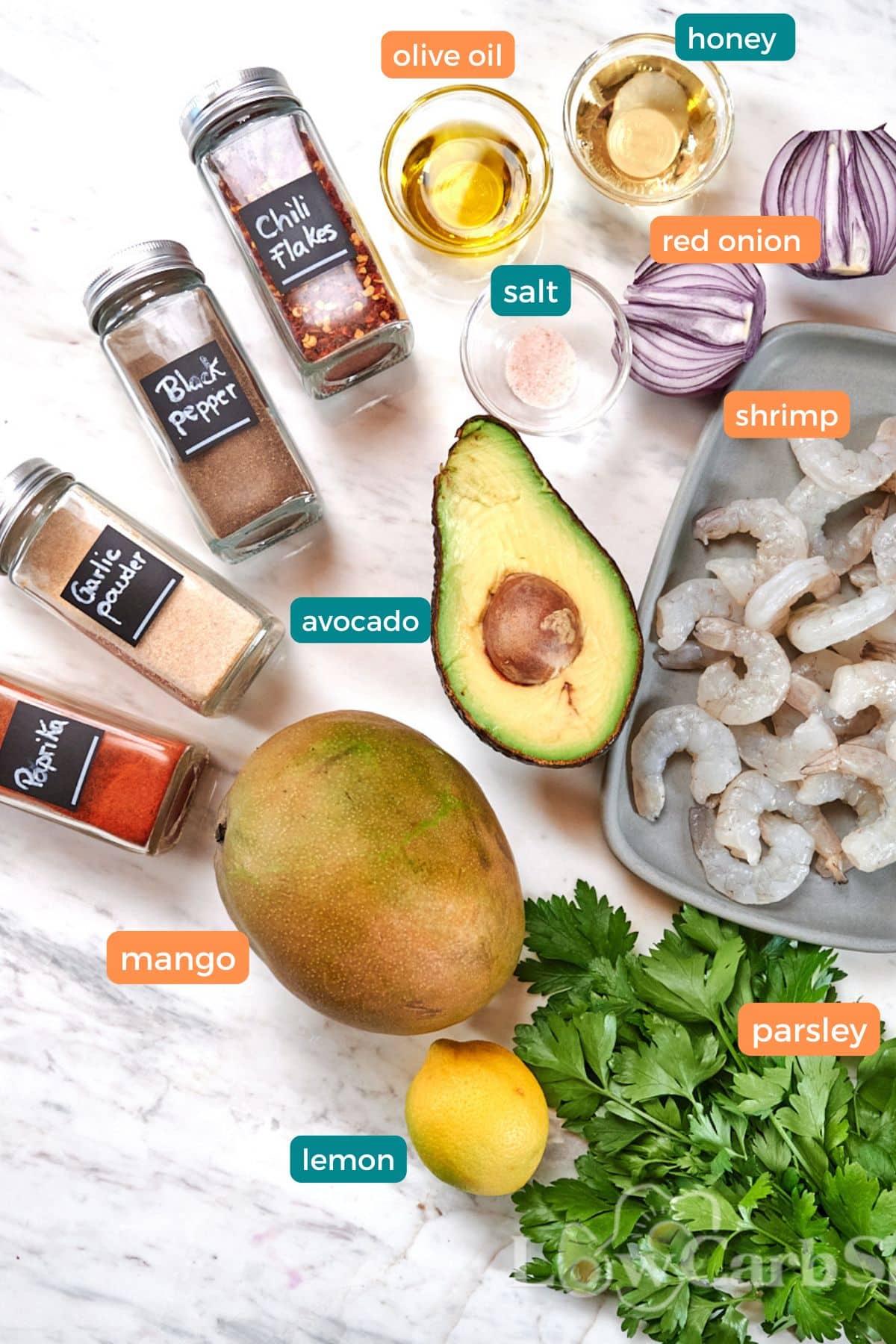 High-Protein Shrimp Mango Avocado Salad 2 Ingredients for high-protein shrimp mango avocado salad including shrimp, mango, avocado, red onion, parsley, lemon, olive oil, and seasonings.