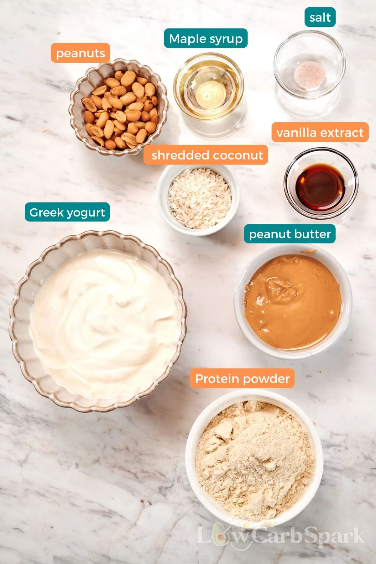 No-Bake Peanut Butter Greek Yogurt Protein Bars 3 Ingredients for no-bake peanut butter Greek yogurt protein bars, including Greek yogurt, peanut butter, protein powder, maple syrup, peanuts, coconut, and vanilla extract.