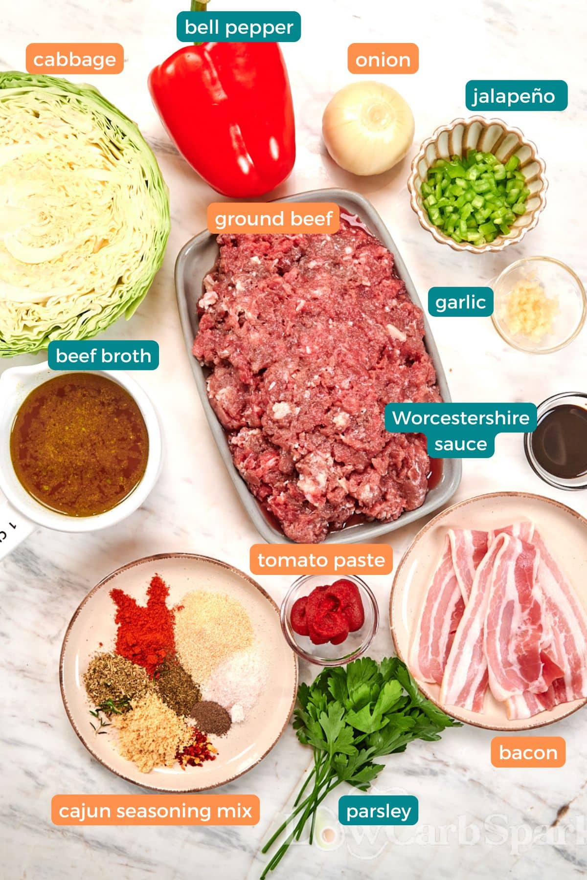 One-Pan Cajun Beef and Cabbage Skillet 3 Ingredients for one-pan Cajun beef and cabbage skillet including ground beef, cabbage, bacon, bell pepper, onion, beef broth, tomato paste, garlic, and Cajun seasonings.