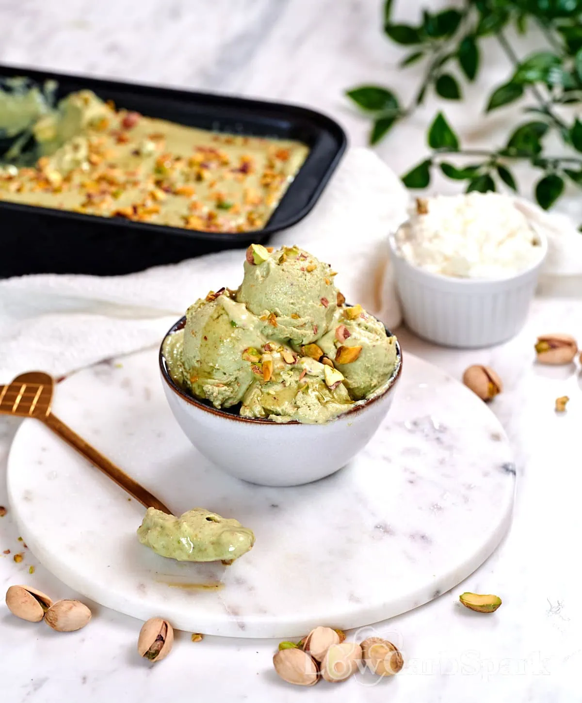 4-Ingredient Pistachio Cottage Cheese Ice Cream 1 Creamy pistachio cottage cheese ice cream topped with chopped pistachios and served in a bowl, an easy high protein frozen dessert.
