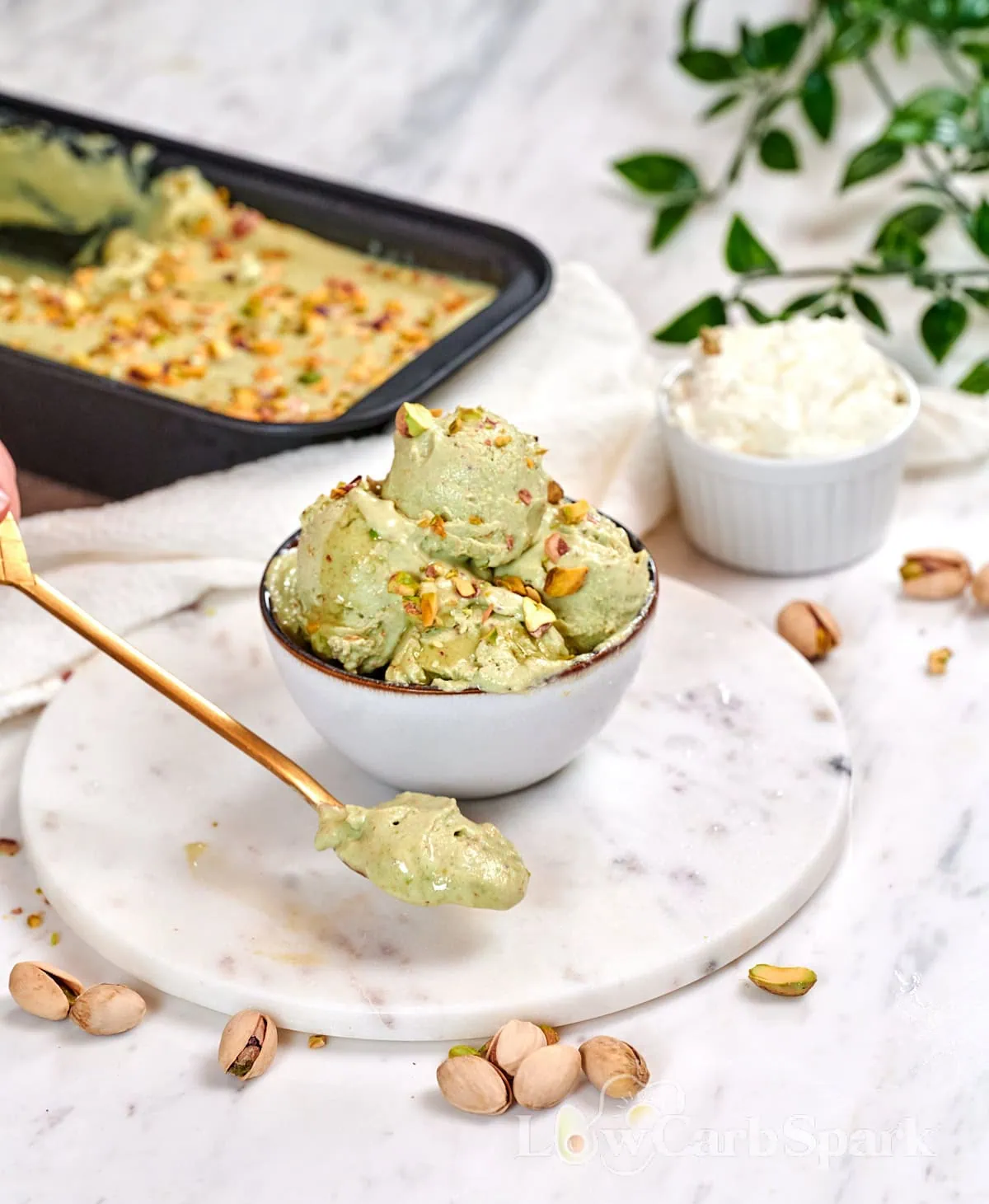 4-Ingredient Pistachio Cottage Cheese Ice Cream 9 A spoonful of pistachio cottage cheese ice cream with chopped pistachios beside a bowl of creamy homemade ice cream.