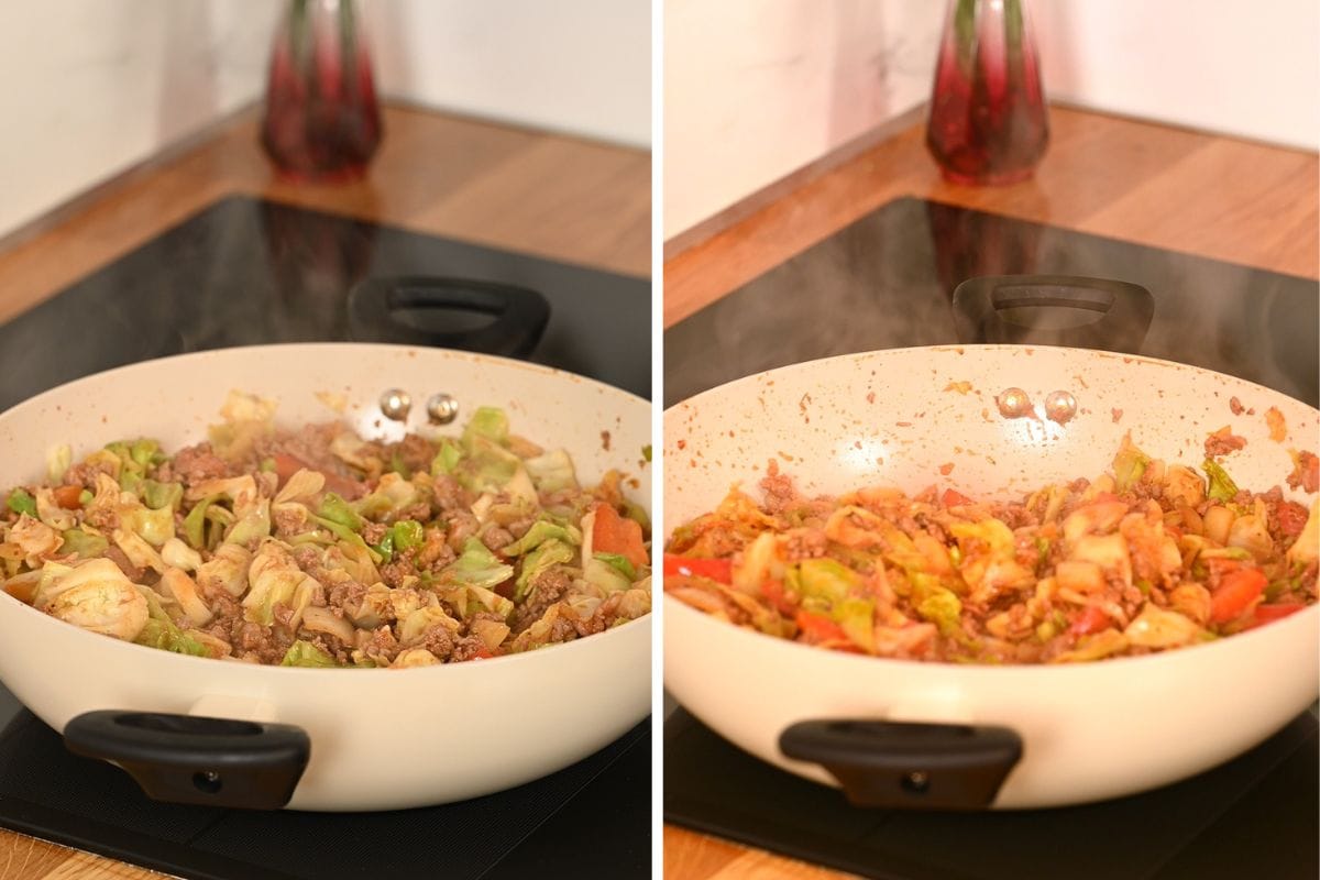 One-Pan Cajun Beef and Cabbage Skillet 13 Cooking Cajun beef, cabbage, and vegetables together in a large skillet until tender.
