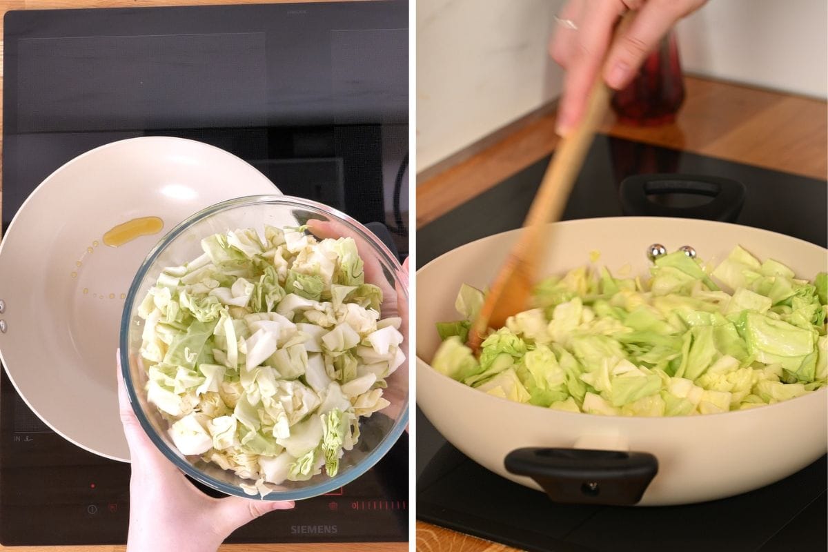 One-Pan Cajun Beef and Cabbage Skillet 6 Adding chopped cabbage to a skillet with olive oil and sautéing until slightly tender.