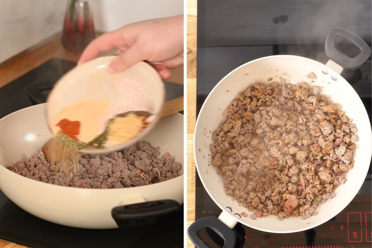 One-Pan Cajun Beef and Cabbage Skillet 10 Adding Cajun seasoning, garlic powder, onion powder, and herbs to browned ground beef.
