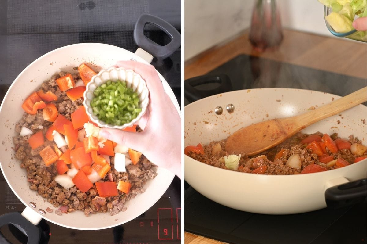 One-Pan Cajun Beef and Cabbage Skillet 11 Adding diced red bell pepper, onion, and green onions to seasoned ground beef in a skillet.