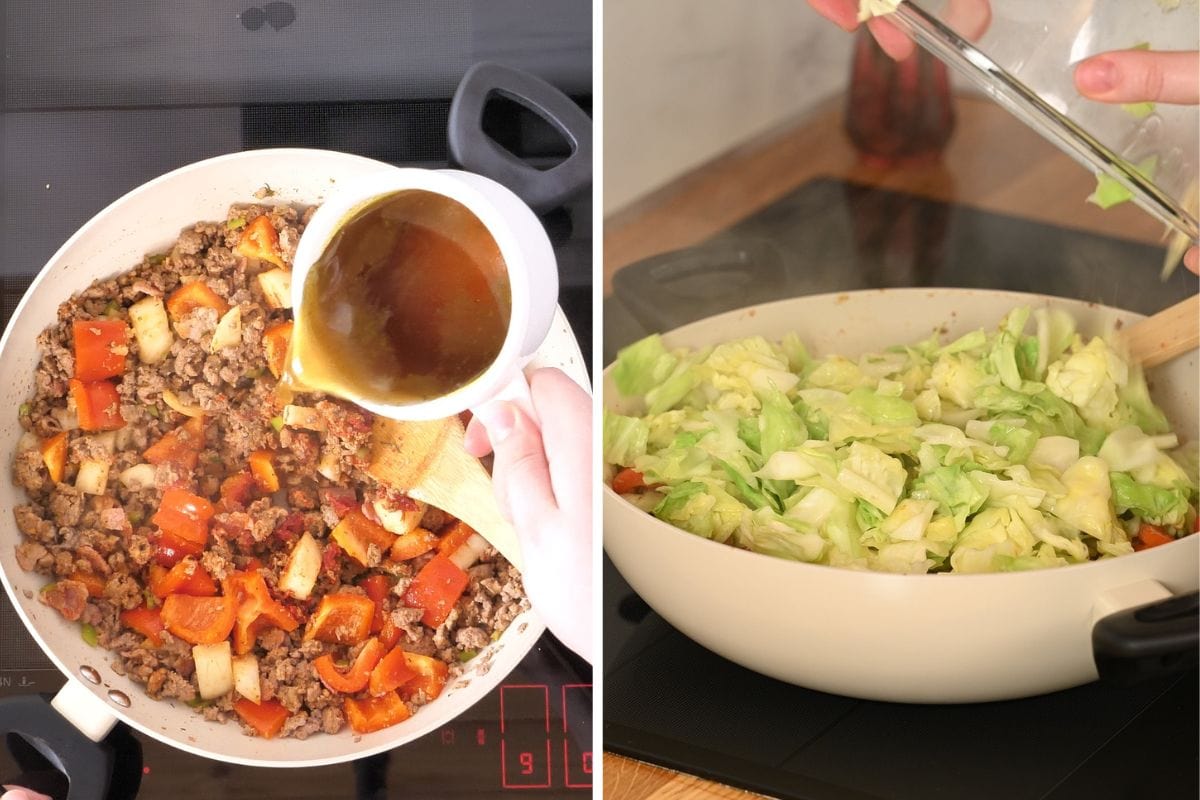 One-Pan Cajun Beef and Cabbage Skillet 12 Pouring beef broth into a skillet with seasoned beef and vegetables while adding cabbage back to the pan.