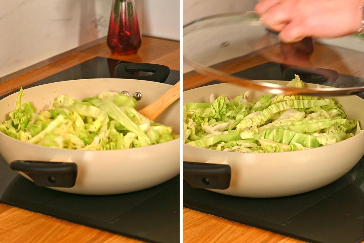 Chicken and Cabbage Stir Fry 5 Sautéing chopped cabbage in a large skillet and covering with a lid until tender for chicken and cabbage stir fry.