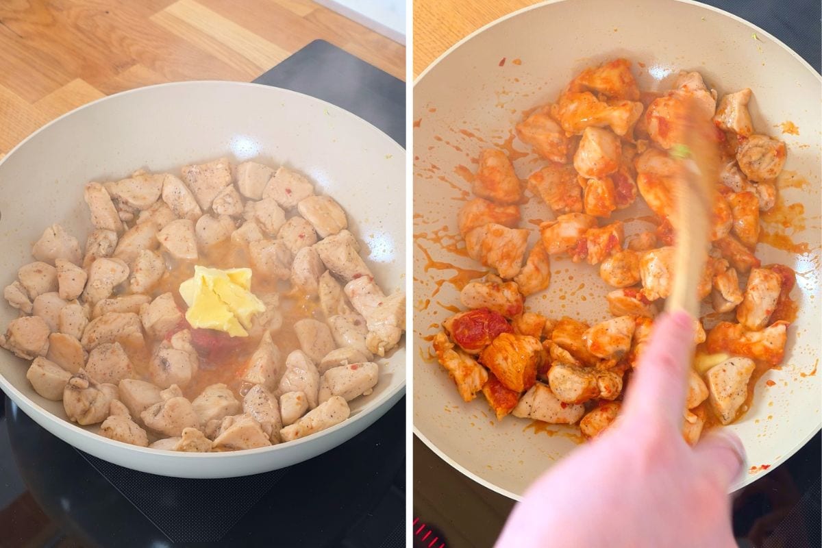 Chicken and Cabbage Stir Fry 7 Cooking chicken pieces with butter and sauce in a skillet for chicken and cabbage stir fry.