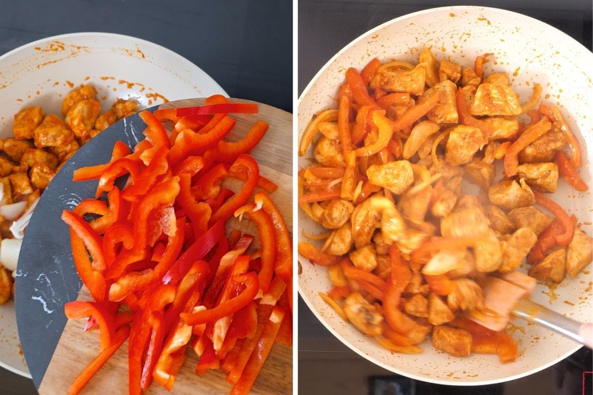 Chicken and Cabbage Stir Fry 8 Adding sliced red bell peppers and onions to cooked chicken and stir-frying until tender.
