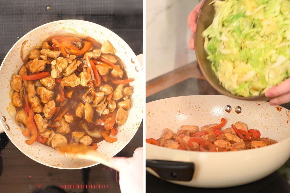 Chicken and Cabbage Stir Fry 9 Pouring stir-fry sauce over chicken, peppers, and onions while adding cooked cabbage back to the skillet.